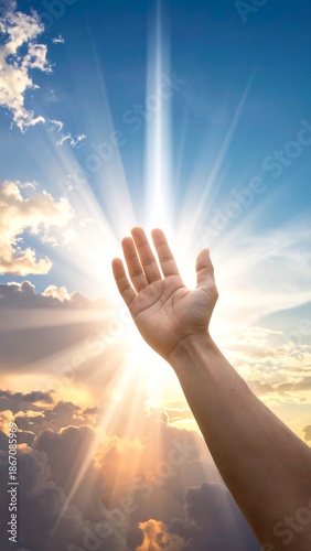 A hand reaches towards sun rays piercing through a bright, partly cloudy, blue and golden sky