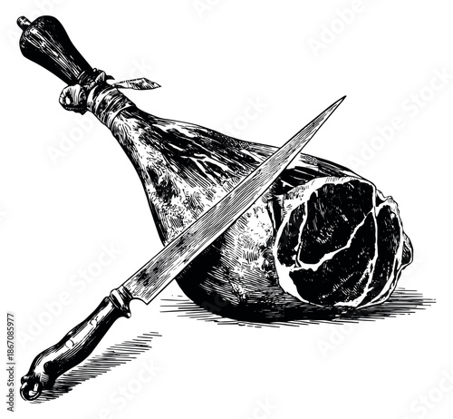 Vintage hand drawn line art illustration of a leg of cured ham with a carving knife depicting readiness for slicing for a culinary concept