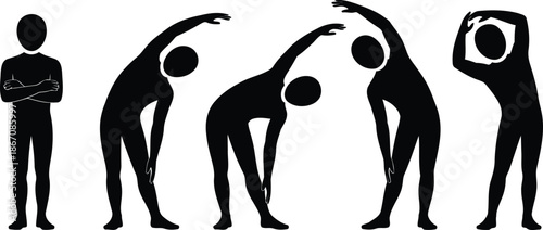A sequence of black human silhouettes demonstrating various stretching and warm up exercises