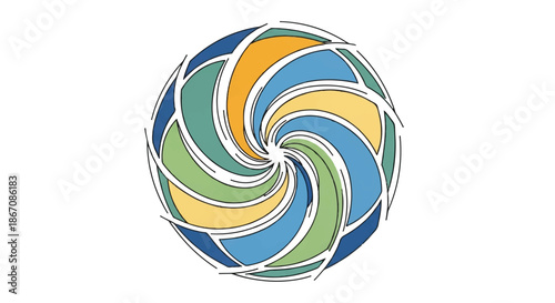 Colorful circular swirl logo with interlocking ribbons design.