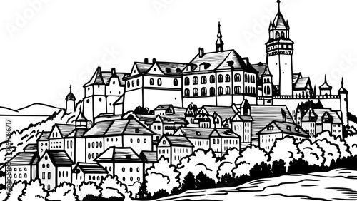 Very beautiful panoramic view of Sigmaringen in Germany, featuring the majestic castle at the city center, historic rooftops, and riverside scenery creating a timeless European town atmosphere.