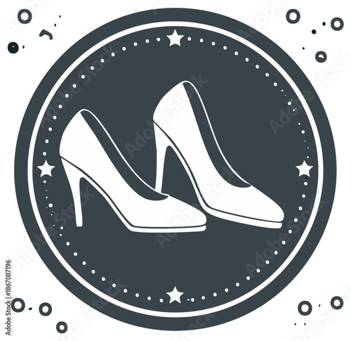 Elegant high heel shoes in a decorative circular frame with stars, fashion footwear icon