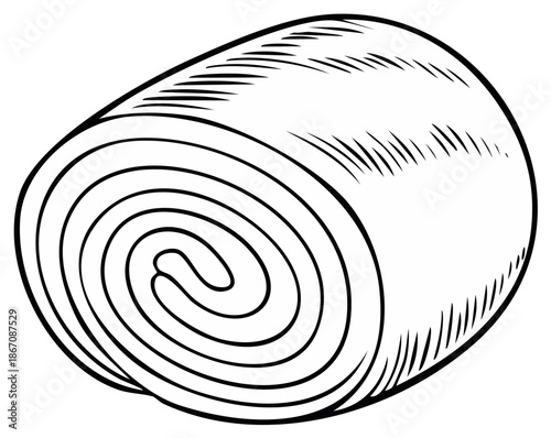 Rolled hay bale illustration in a black and white line art sketch style
