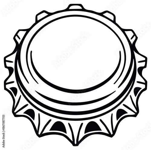 Detailed black and white illustration of a crown bottle cap with curved and pointed edges in the design