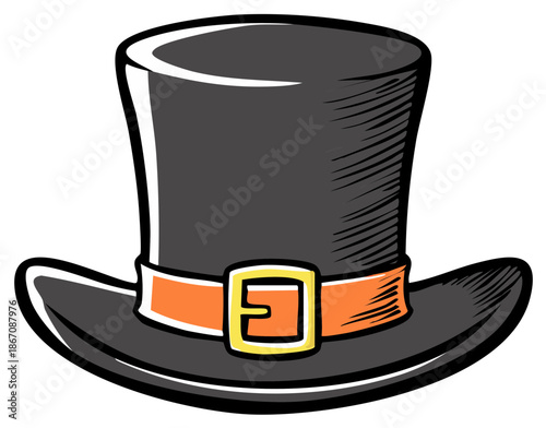 Fancy black top hat with orange buckle graphic illustration