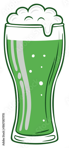 Cartoon illustration of a tall glass of green beer with foam for Saint Patricks Day