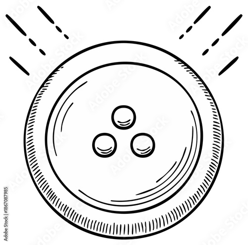 Black and white hand drawn shiny button with three holes in a doodle sketch style illustration