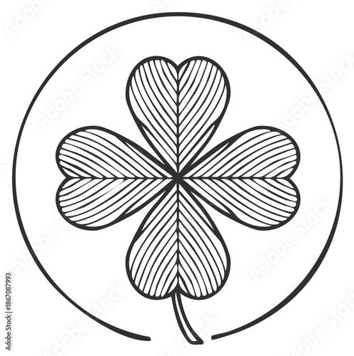 Four-leaf clover icon in a circle; Celtic symbol of good luck and fortune represented in clean line art illustration with natural texture