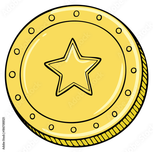 Cartoon style gold coin with a star in the center and decorative edging for game or symbol