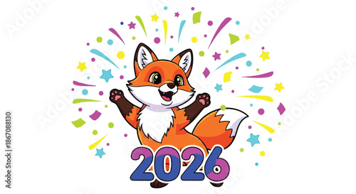 Cheerful cartoon fox celebrating with colorful confetti and the year 2026.
