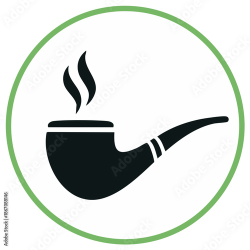 Smoking Tobacco Pipe Icon in Circular Green Frame with Rising Smoke Plumes