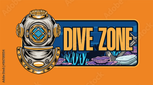 vintage diver helmet illustration in detailed hand drawn style sign design