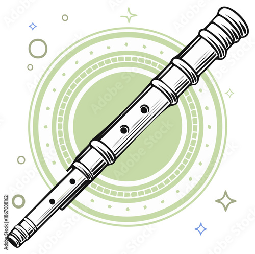 Outline Illustration: Renaissance Flute Instrument, Medieval Woodwind Musical Instrument