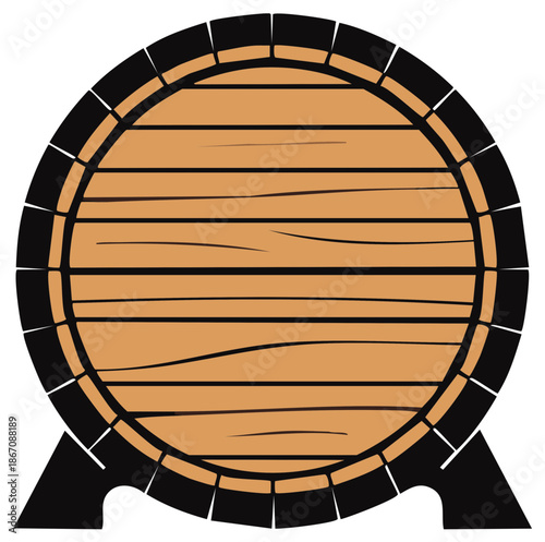 Wooden barrel illustration, front view. Oak keg isolated on white background.