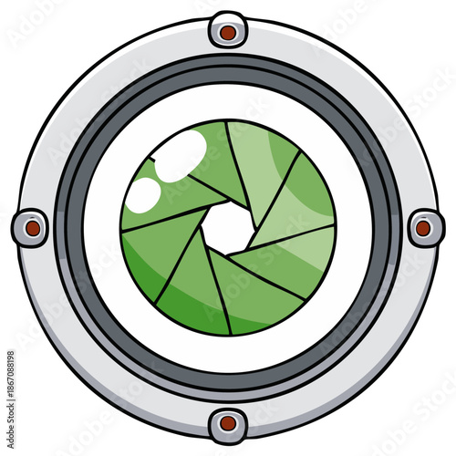 Close up of a stylized camera aperture with a green iris and metallic outer ring