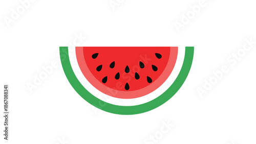A simple graphic illustration of a slice of watermelon with green rind and red flesh with black seeds