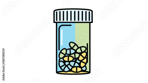 A stylized illustration of a prescription bottle filled with various colorful pills and capsules, representing medication