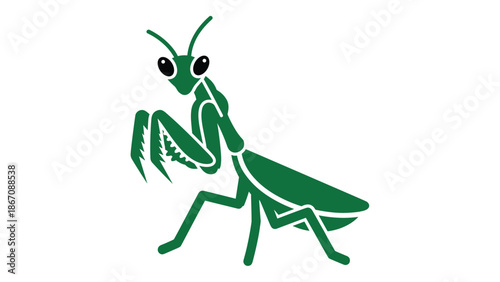 A stylized green silhouette of a praying mantis, a predatory insect known for its distinctive posture