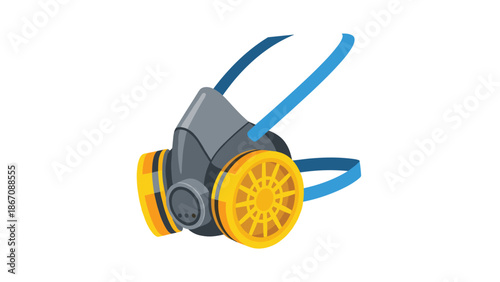 A detailed illustration of a respirator mask with filters and straps, used for protection against airborne particles