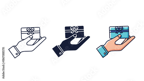 Three variations of a hand holding a gift box with a ribbon bow, illustrating giving or receiving a present