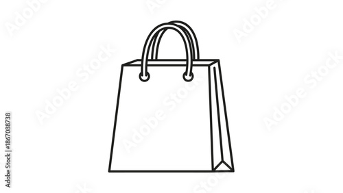 A black and white line drawing of a simple shopping bag with handles, representing retail or carrying purchases