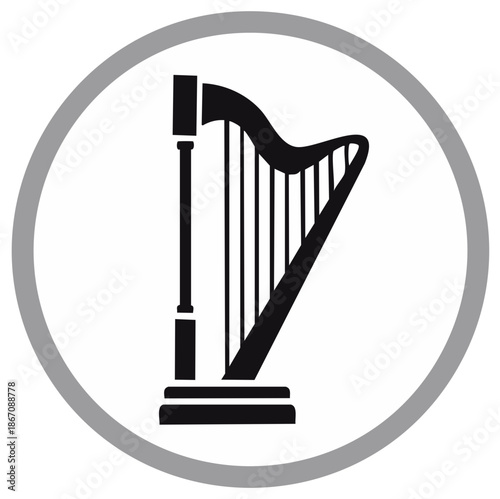Elegant black and white harp icon within a bordered circle, a musical symbol for orchestra and concerts