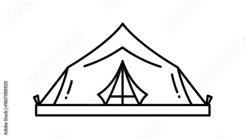 A black and white line drawing of a tent, representing camping, outdoor activities, or shelter