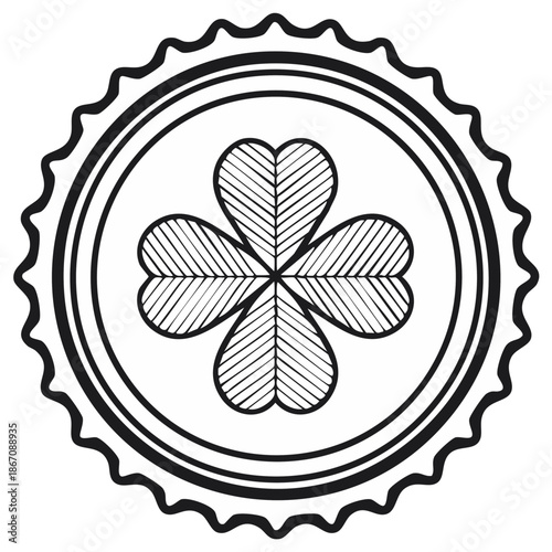 Stylized Four Leaf Clover Emblem with Serrated Border Detailed Line Art
