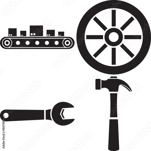 Industrial tools and machinery symbols on a white background