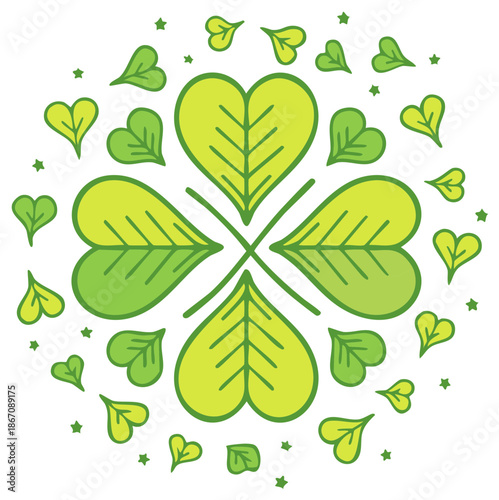 Hand drawn four leaf clover illustration with heart shaped leaves and stars a symbol of good luck