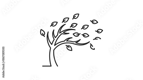 A black and white line drawing of a tree with leaves being blown away by the wind, symbolizing autumn, weather, or change