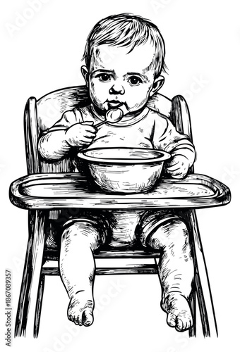 Hand drawn line art illustration of an infant in a high chair depicting mealtime for parenting