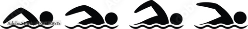 Black silhouette icons illustrate four different swimmers in varying dynamic poses above white waves