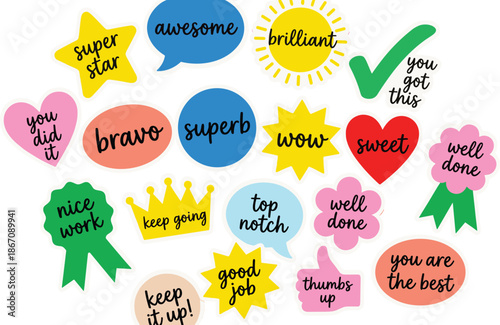 Positive praise stickers collection, awesome brilliant well done good job you got this colorful cartoon typography illustration design