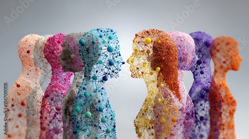 Colorful wireframe human heads connected in psychology concept with vibrant abstract paint splashes and emotional expression