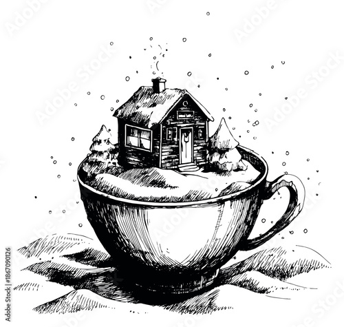 Hand drawn line art illustration of a cozy winter cabin in a teacup depicting a snowy landscape for holiday designs