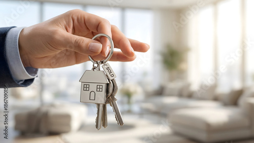 Realtor Holding House Keys for New Home Owner, Real Estate Investment and Property Sales Concept in Modern Bright Interior