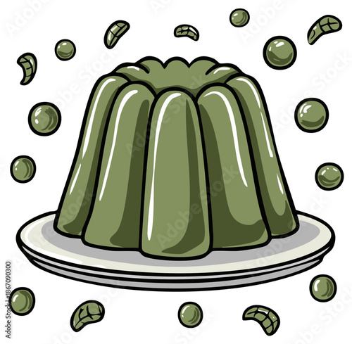 Green jelly mold dessert on a plate with mint leaves cartoon illustration