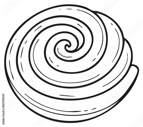 Hand drawn black outline illustration of a sweet spiral bun pastry