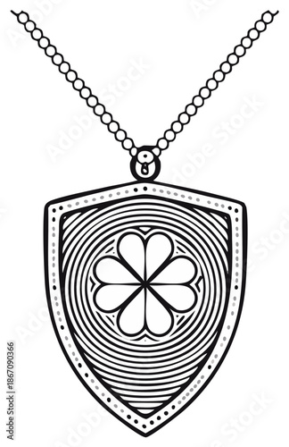 Ornamental Lucky Clover Pendant Necklace, Black and White Illustration