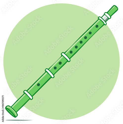 Green flute with finger holes on a light green circle, musical instrument
