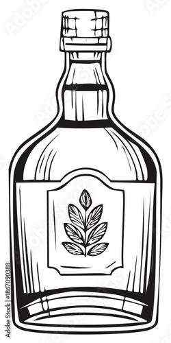 Hand drawn black and white vintage liquor bottle illustration with leaf label emblem