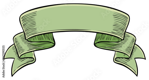 Vintage illustration of a green ribbon banner with sketched details and copy space