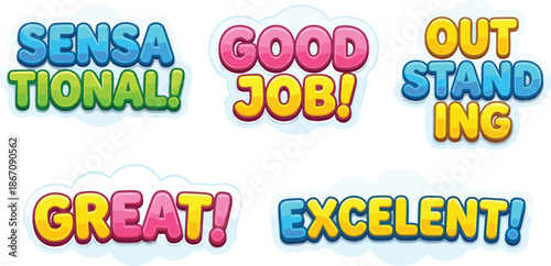 Colorful cartoon text sticker set with good job excellent great outstanding sensational typography fun bubble lettering illustration