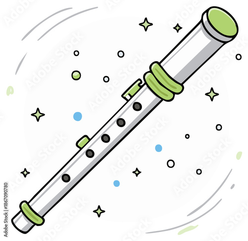 Charming white and green recorder with vibrant star and circle accents against a whimsical background