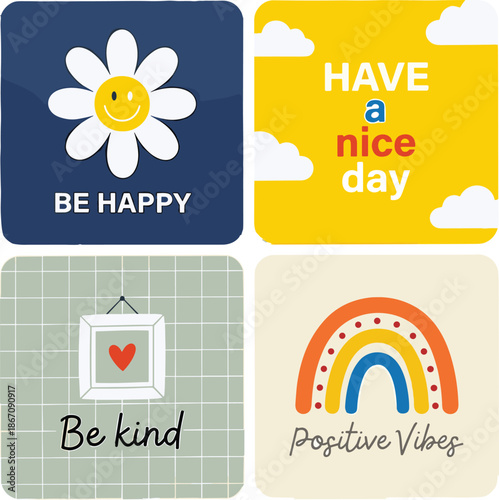 Minimal positive quote cards with happy flower rainbow kindness message flat modern illustration set for wellness decor social media