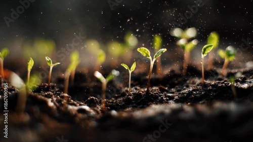 Young green seedlings growing in soil with water drops and warm sunlight