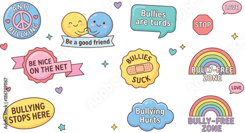 Anti bullying hand drawn sticker set with kindness messages rainbow badges cute characters positive doodle illustrations for education awareness