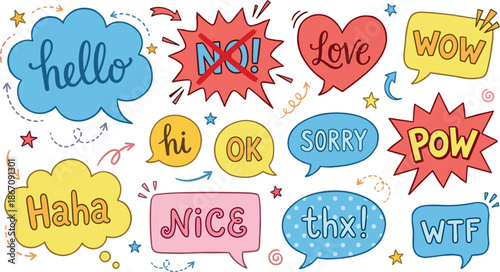 Cute comic speech bubble stickers with chat reactions hello wow love funny doodle style colorful hand drawn illustration set