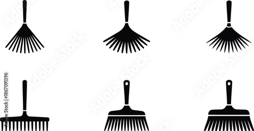 Diverse black silhouette icons featuring various models of rakes suitable for outdoor and garden tasks